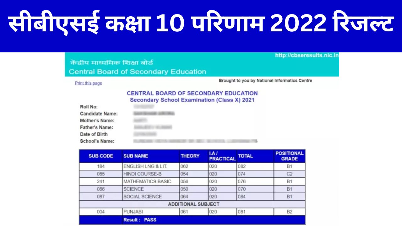 सीबीएसई कक्षा 10 परिणाम 2022 रिजल्ट